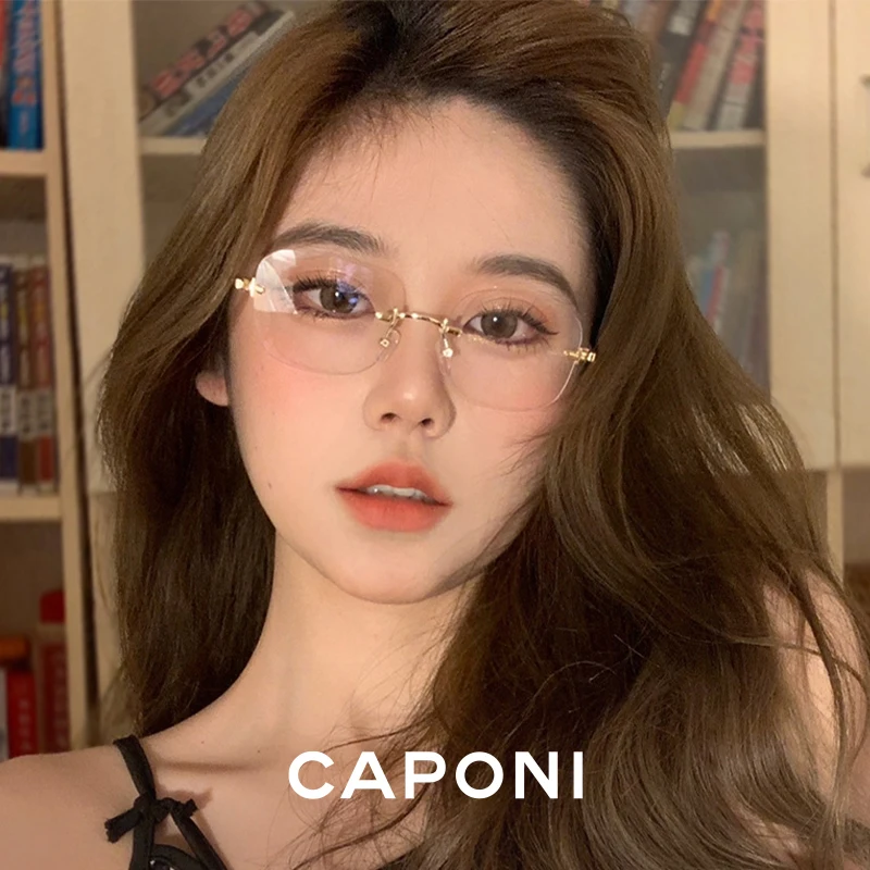 CAPONI Rimless Eyeglasses Pure Titanium Women Glasses Frame Fashion Trendy Photochromic Filter Blue Ray Computer Glasses BF31429