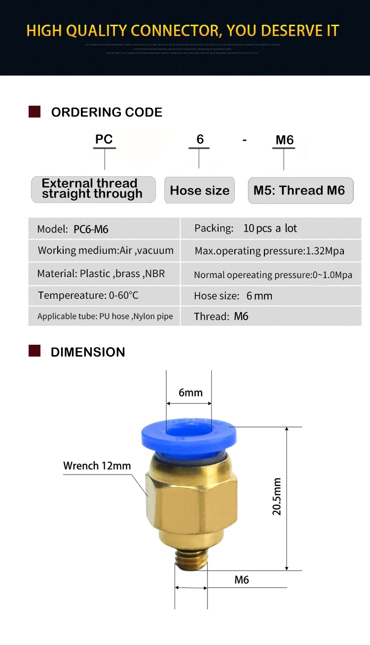 Hochwertige 100 Stück BSPT PC6-M6, 6mm auf M6 Pneumatikverbinder, gerade, männlich, One-Touch-Fittings – Detail 1