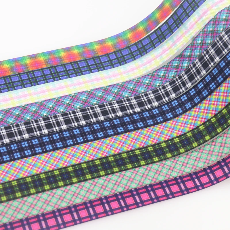 DHK 5/8'' 5yards Plaid Grid printed Fold Elastic FOE stretch ribbon hairbow headwear headband DIY OEM E1907