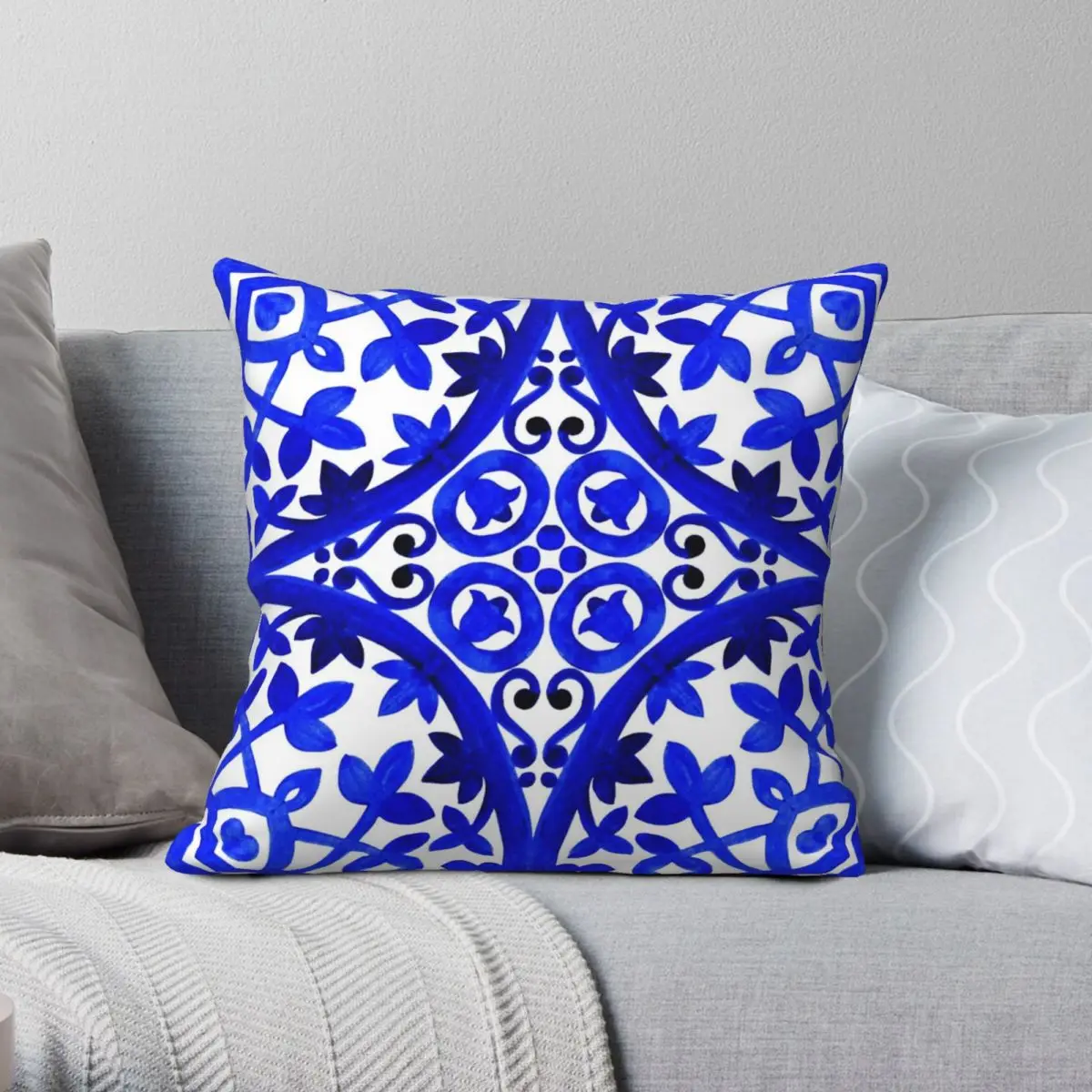 Portuguese Azulejo Tiles Square Pillowcase Polyester Linen Velvet Pattern Zip Decor Throw Pillow Case Car Cushion Cover