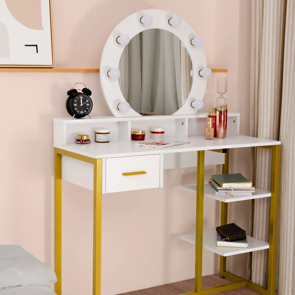 Dressers FCH Single Round Mirror  Single Drawer Two-Layer Frame-Steel Frame Dressing Table White (100 x 40 x 78.5-140)cm