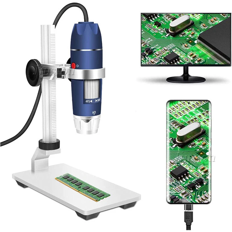 2K USB Digital Microscope 40X to 1000X Portable Magnifier Endoscope Camera 8 LEDs Aluminum Alloy Stand for OTG Android Mac Wins