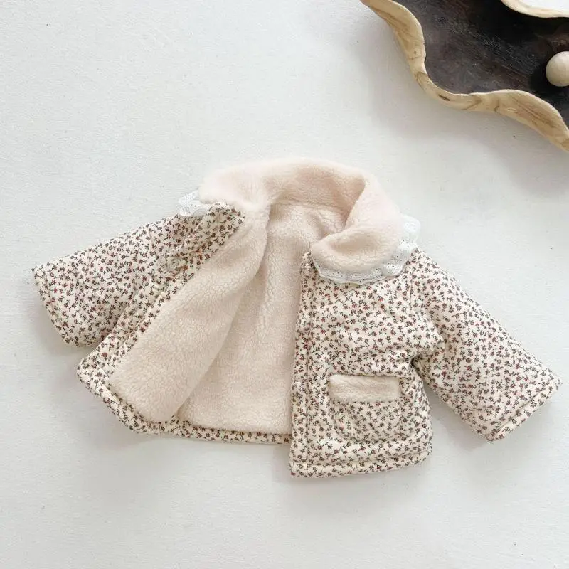 2024 Autumn Winter New Children Plus Velvet Thicken Flower Print Cotton Coat Girl Baby Long Sleeve Tops Boy Infant Lace Jacket