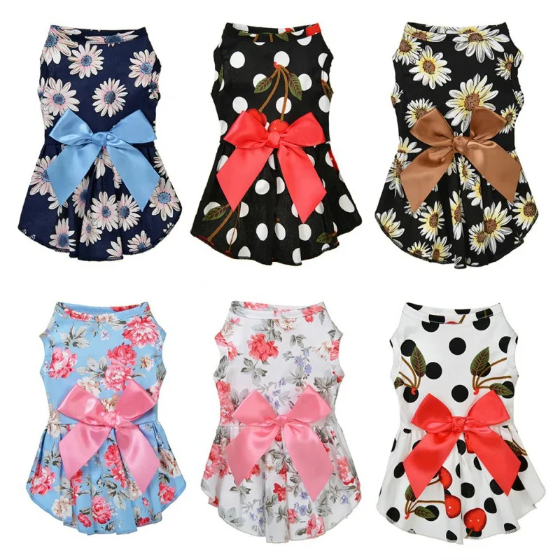 Summer Small Floral Dog Dress Bow Princess Dog Dress For Dogs Skirt Cute Princess Dog Wedding Dresses York Clothes Pet Dress