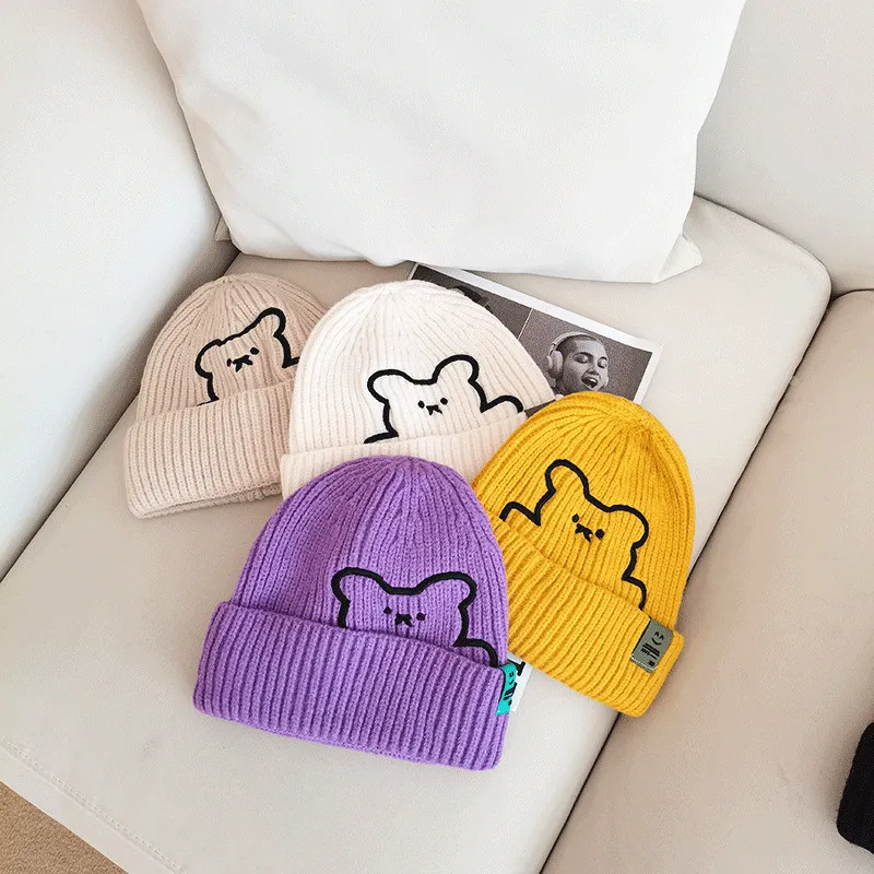 Ins trend Women Cute Bear Embroider knit hat Winter Girl Ladies Casual Hip hop Sport Skullies Bone homme Skullcap Beanie cap