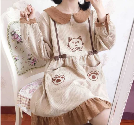 Vestido de manga larga de encaje para mujer, vestido femenino de lolita, con cuello de muñeca, estampado bonito, retro