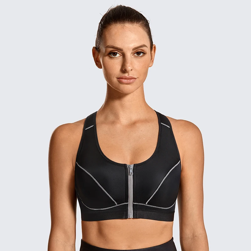 Women High Impact Front Zipper Full Support Cross Back Wire Free Fitness Bra