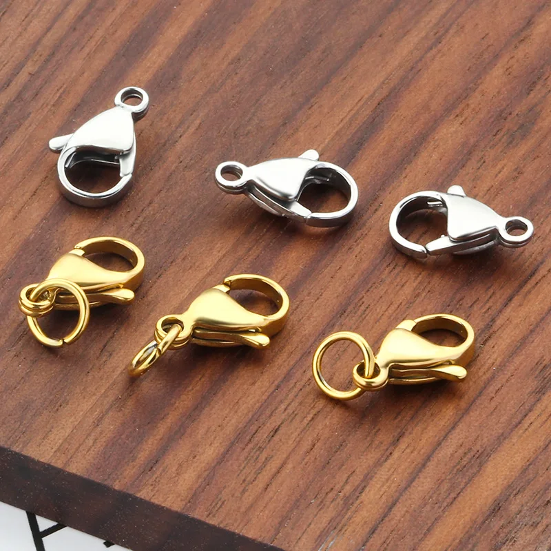 10pcs/lot 18k Gold Lobster Clasp With Ring Necklace Stainless Steel Bracelet Clasps DIY Jewelry Accessories 9/10/11/12/13/15mm