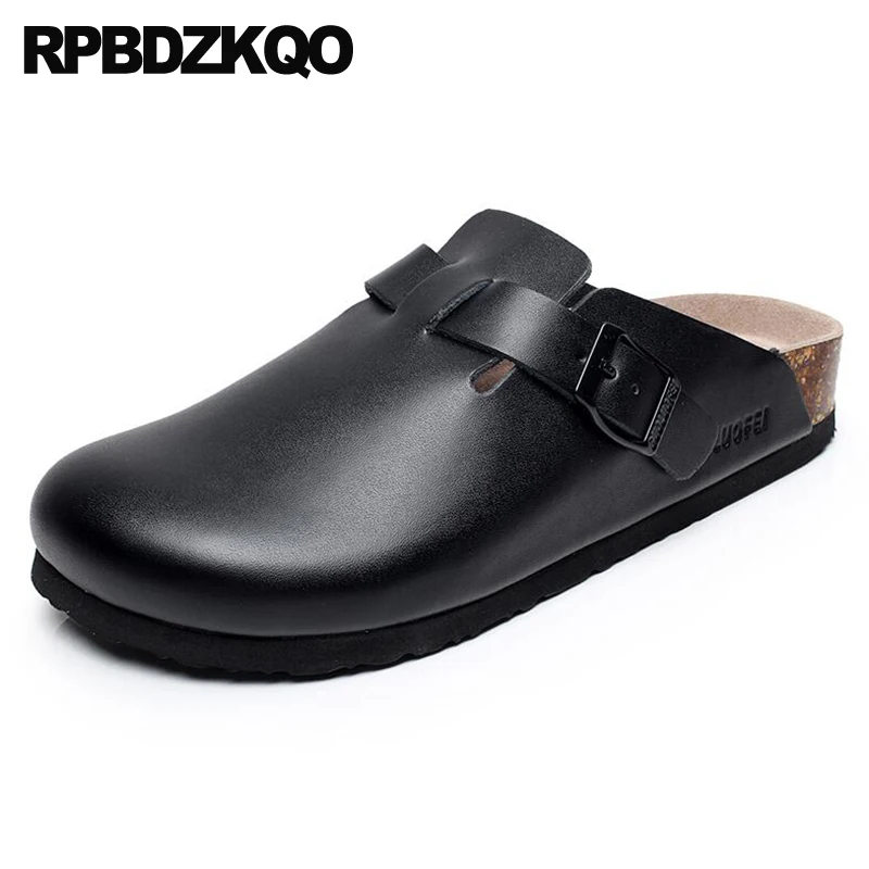 

Slippers Slides Shoes Beach Summer Men Sandals Leather Black Flat Designer Size 46 Closed Toe Fashion Cork Large Metal Mules