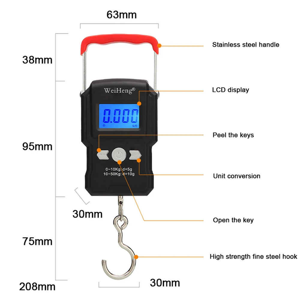 50Kg/5g Electronic Weighing Scale LCD Digital Display Hanging Hook Scale with Measuring Tape for Fishing Travel