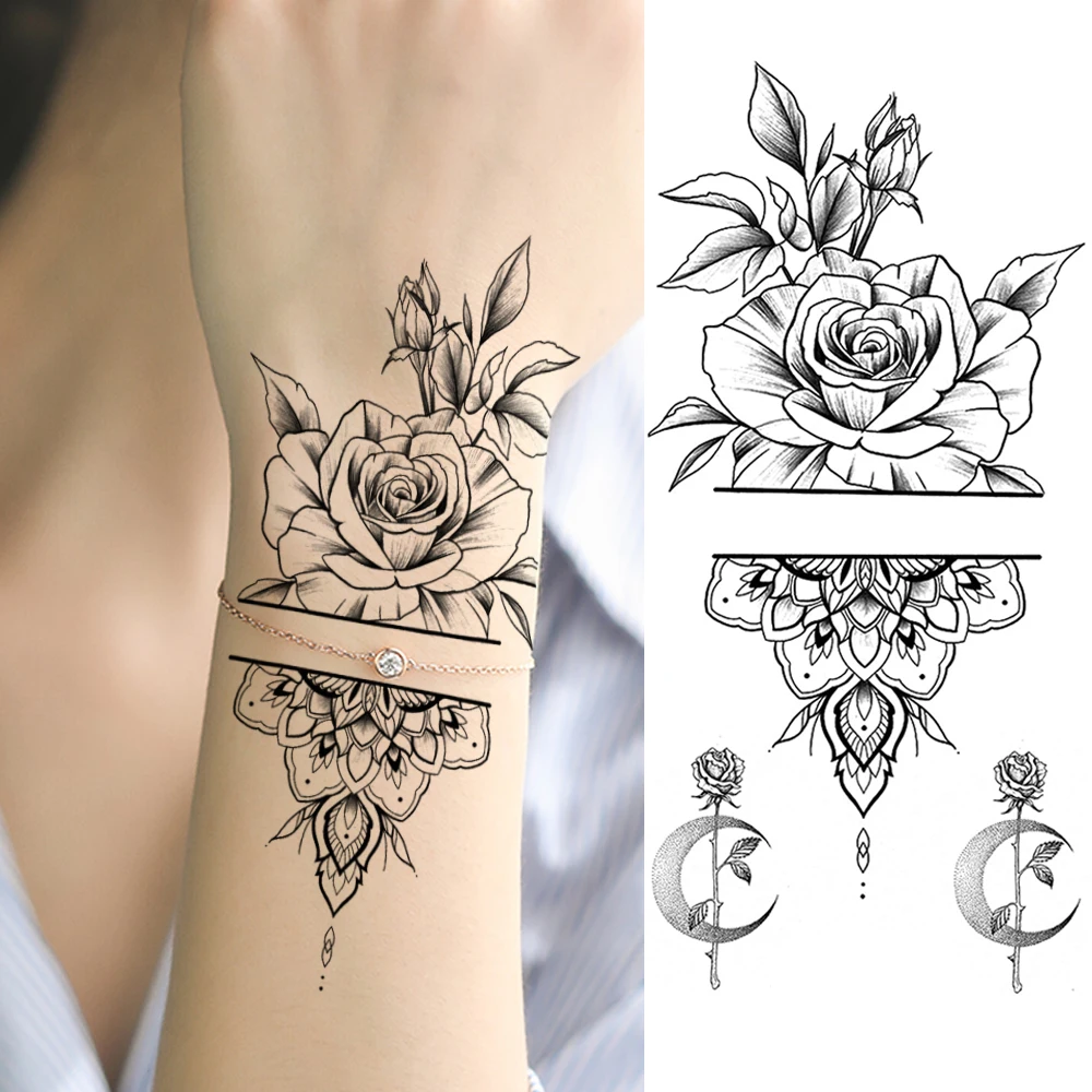 Black Flower Temporary Tattoos Sticker Fake Waterproof Fashion Tatoo For Women Girl Body Art Chest Arm Creative Tattoos Paper