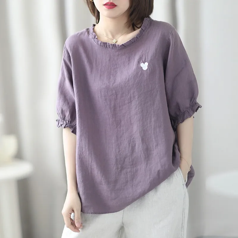 Women Summer Loose Casual T-shirts New Arrival 2021 Simple Style Solid Color All-match Loose Female Cotton Linen Tops Tees S3955