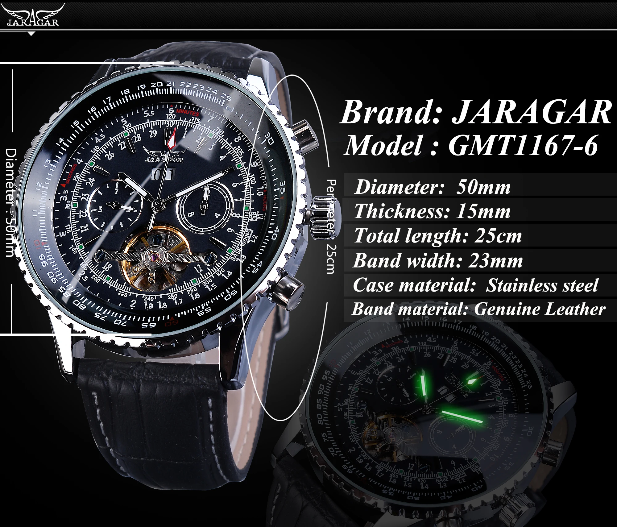 Jaragar Orologi Automatici Degli Uomini di Stile Pilota Tourbillon Calendario Display Nero della Fascia del Cuoio Genuino di Affari di Sport