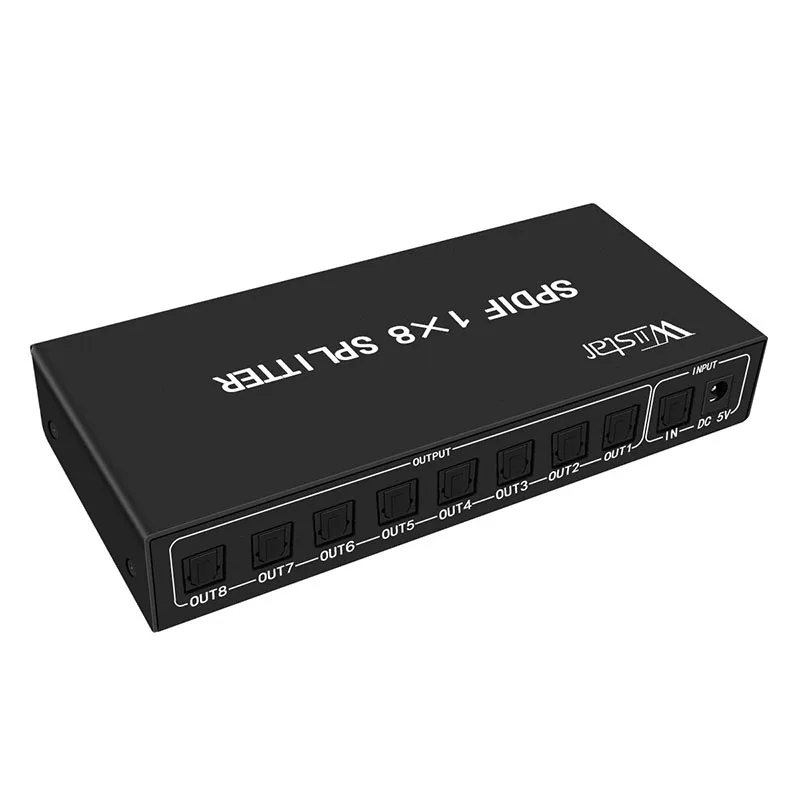 Divisor de áudio óptico digital spdif/toslink, novo estilo, 1x8, suporte para amplificador de áudio, dts/dolby, adaptador de energia, frete grátis