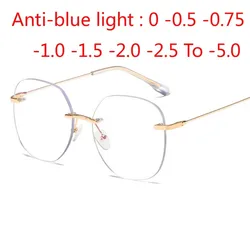 Metal Rimless Glasses Frame Women Prescription Anti-blue light Myopia Optical Oval Eyewear 0 -0.5 -1.0 -1.5 To -5.0