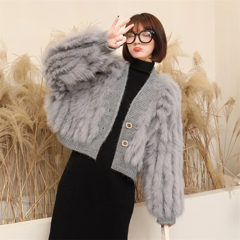 Women Wool knitting autumn fur coat fur jacket natural fur fur for knitted fox coat fur vest spring and autumn sweaters Cardigan