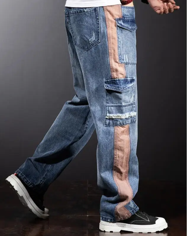 Multi-Pocket Loose Cargo Jeans Men Straight Fashion Wide-Legged Denim Pant Patchwork Baggy Jeans Size 29-40