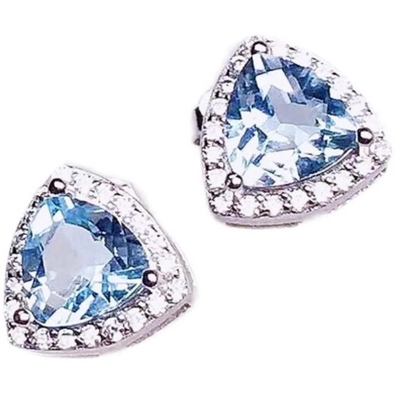 100% Natural Aquamarine Stud Earrings for Party 6mm Trillion Cut Aquamarine Earrings 925 Silver Aquamarine Jewelry