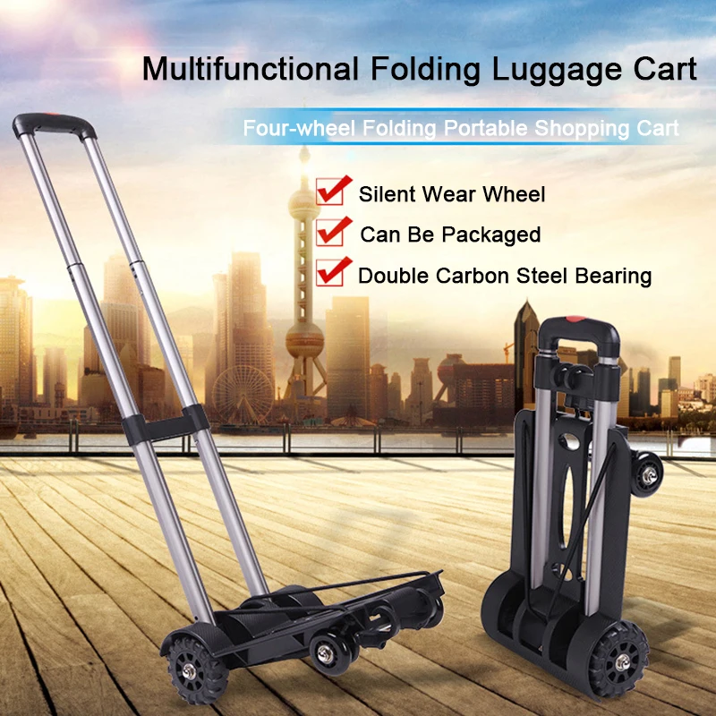 Car Roll Luggage Cart Portable Luggage Trolley Folding Hand Truck Mute Flat Heavy Duty 4-wheel Foldable Shopping Cart