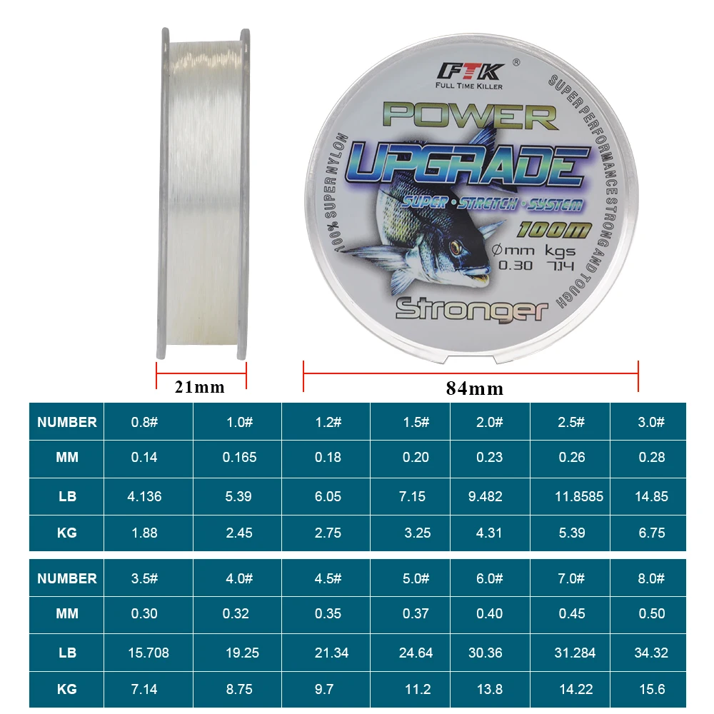 FTK 100M Super Strong Nylon Fishing Line 4.136LB-34.32LB Freshwater Carp Line Fishing Accessories 0.14mm-0.50mm