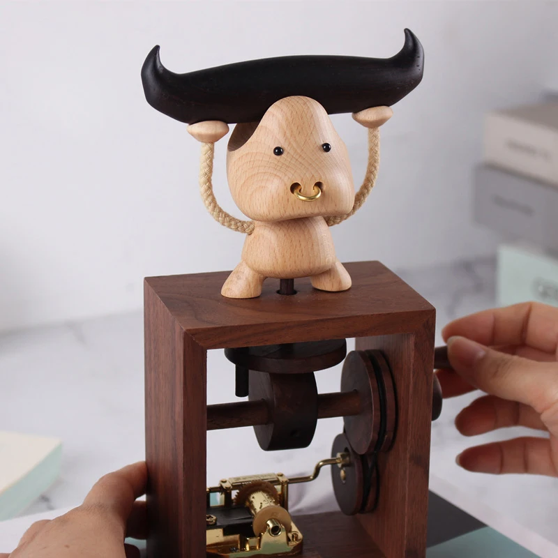 Wooden Music Box Cattle Ox Hand-operated Type Black Walnut Beech Wood Home Decor Furnishings Ornaments Creative Birthday Gifts