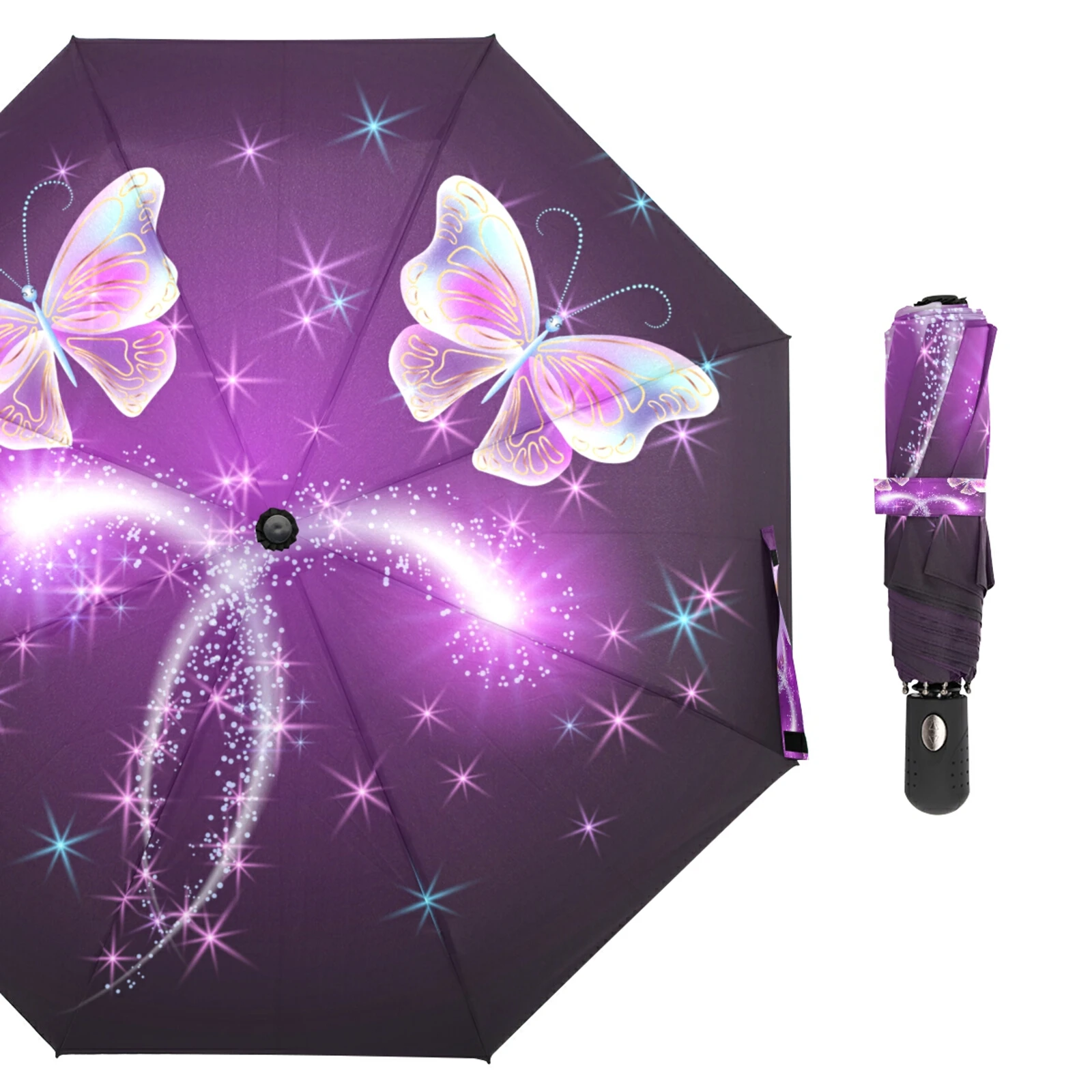 Galaxy Insect Butterfly Umbrella Rain Women Three Folding Fully Automatic Umbrella Sun Protection Outdoor Travel Tool Parapluie