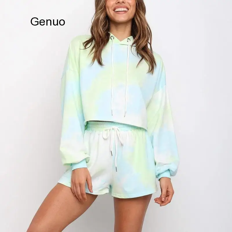 

Tie-dye Long Hooded Sleeve Sweater Top And Shorts Two Pieces Sets For Women Autumn Winter Casual Homesuit 2020 New