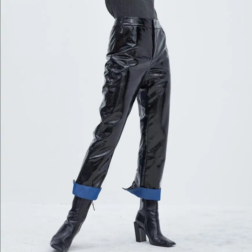 

Fashion brand Patent leather pu pants Split ends female 2020 was thin high waist leisure shiny pu leather straight pants wq308