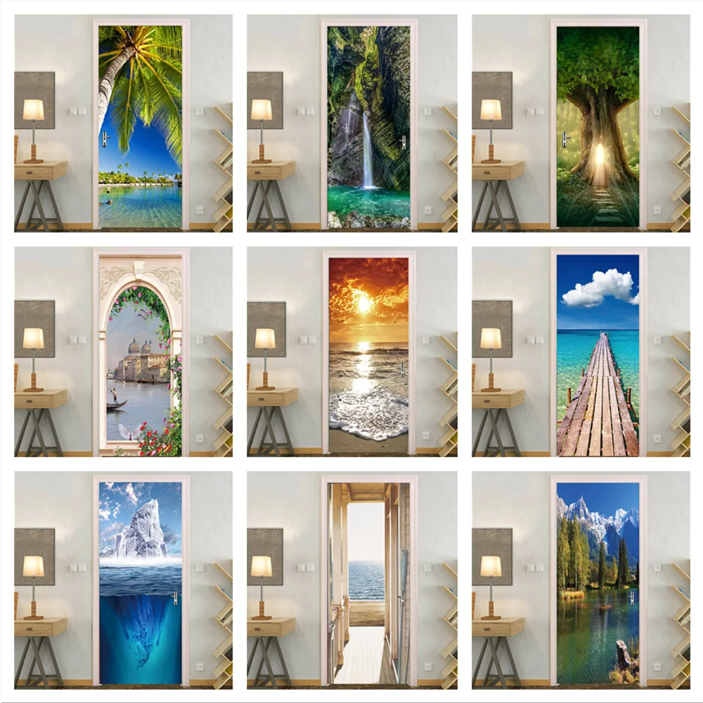 Natural Scenery Door Stickers Self Adhesive Vinyl Waterproof Wallpaper Bathroom Bedroom Wall Poster Interior Entrance Home Decor