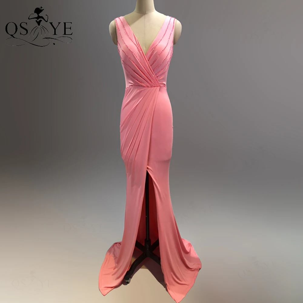 Blush Pink Prom Dresses abito da sera con perline elastico sirena Spandex abiti da festa Sexy scollo a V increspato abito formale lungo 2021