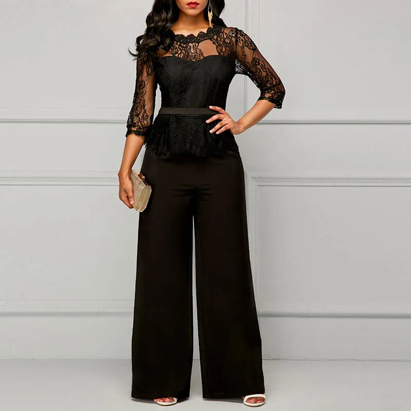 Sexy Lace Hollow Out Jumpsuits Women Spring Autumn Solid O-neck Half Sleeve Party Rompers Elegant Office Lady Wide Leg Overalls