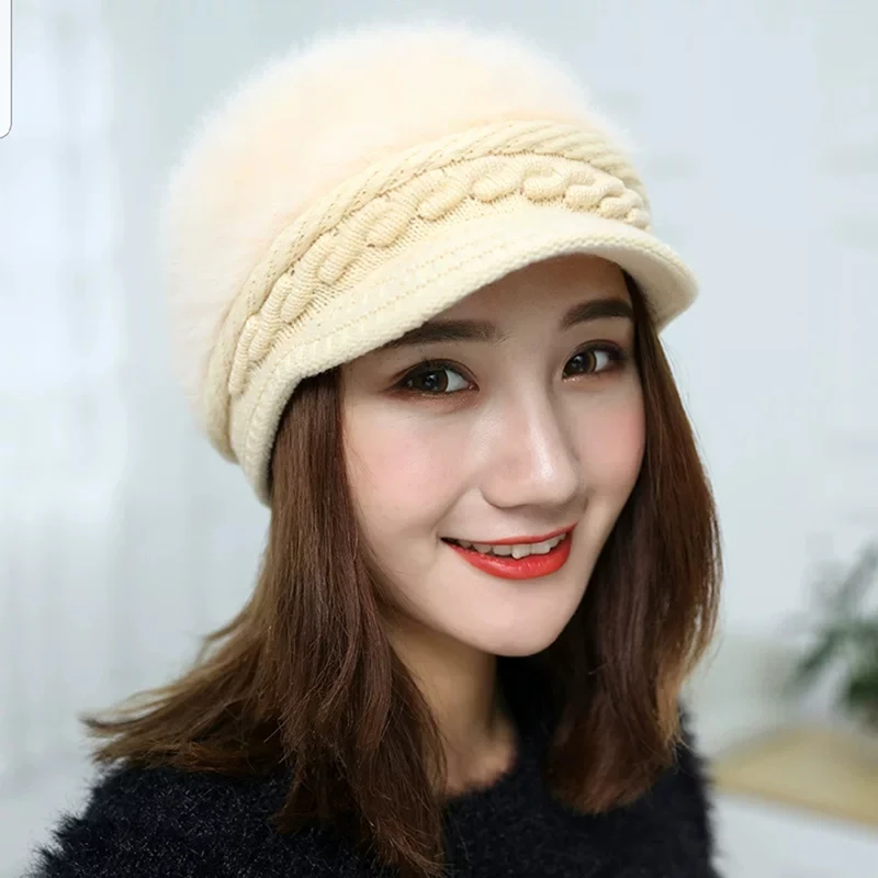 FashionWomen Hats For Cold Winter Crochet Slouchy Beanies Solid Knitted Caps Rabbit Fur Lady Winter Visor Brim Beanie Hat