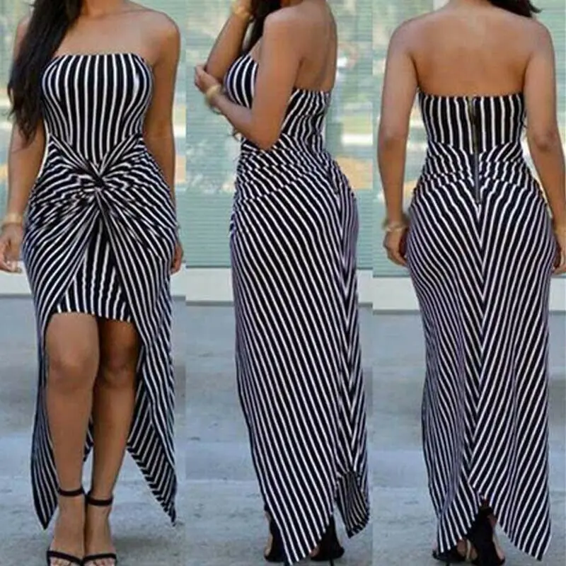 Summer Women\'s Strapless Long Maxi Dress Party Beach Stripe Tube Top Sundress