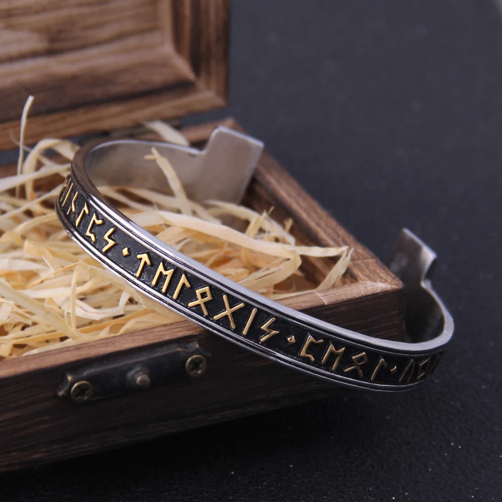 1pc Stainless Steel Men's Handmade Nordic Rune Bangle Viking Never Fade with wooden box as gift