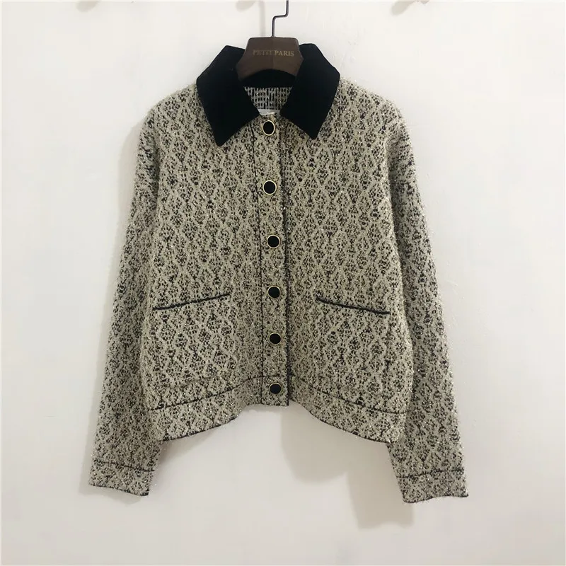 2020 autumn and winter women's pocket jacket V-neck elegant tweed lapel single-breasted knitted jacket women clothing 2020