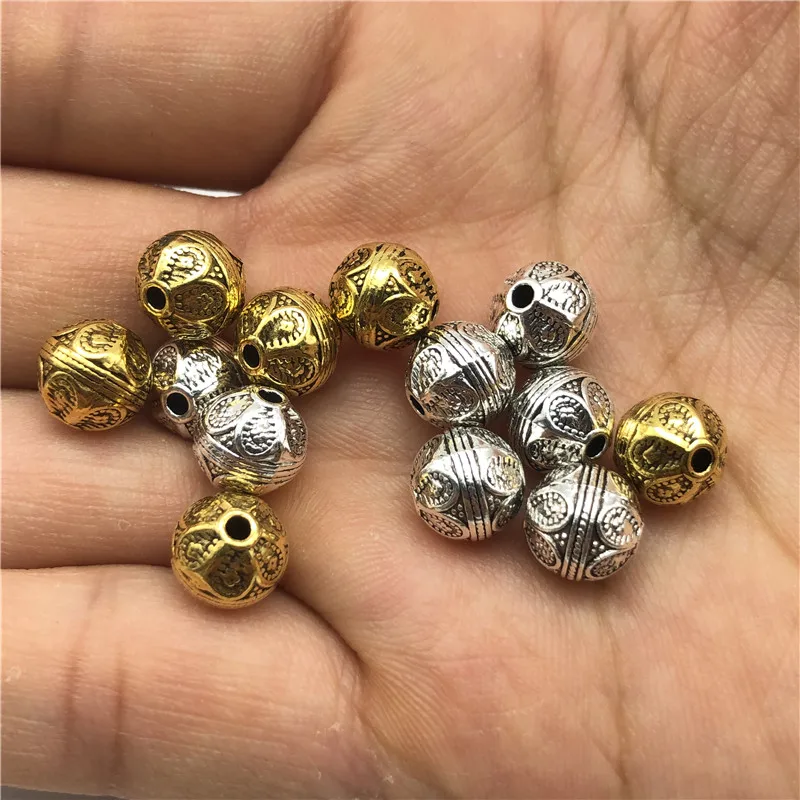 15 sztuk grawerowane okrągłe metalowe koraliki 8mm/10mm luźne koraliki do tworzenia biżuterii DIY ręcznie robiona bransoletka biżuteria akcesoria