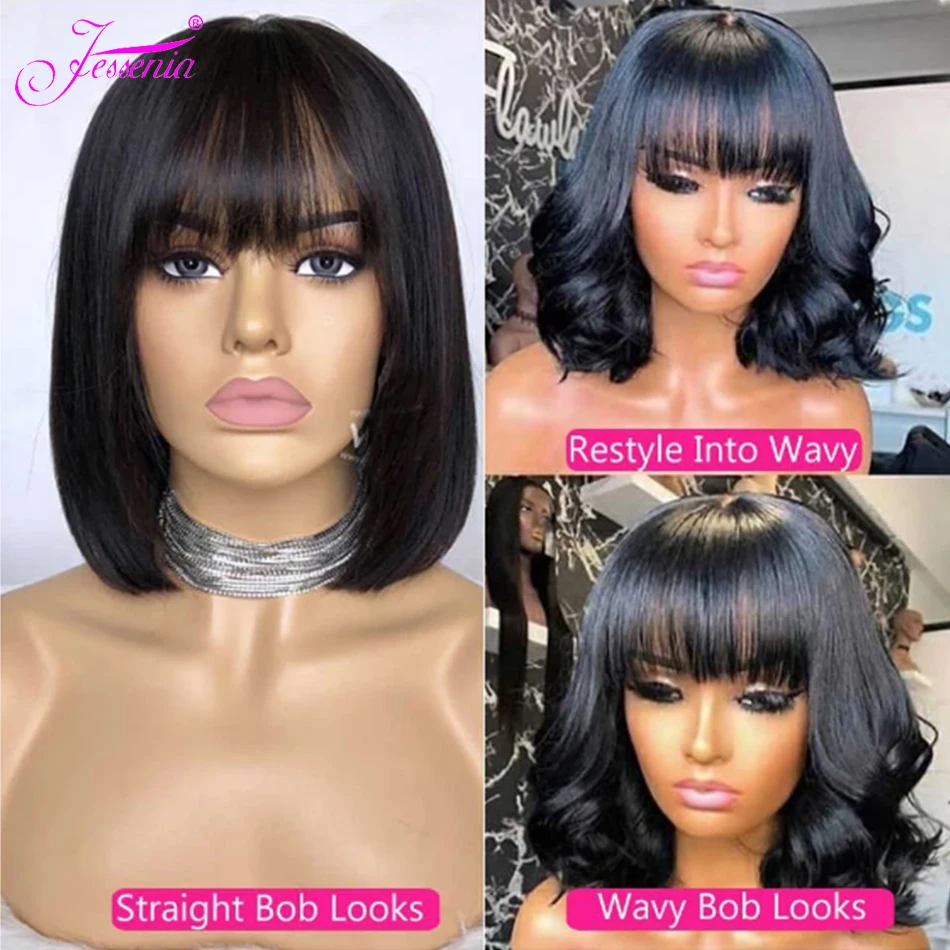 Short Bob Wig With Bangs100% Human Hair Wig With Bangs Straight Brazilian Hair Wig For Black Women Perruque Cheap Human Hair Wig