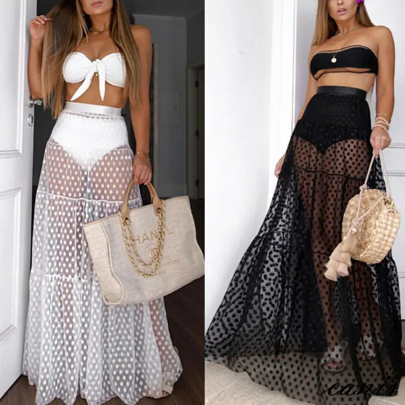 2020 Summer Women Bikini Cover Up Swimsuit Mesh Sheer Transparent Mini Wrap Skirts Tulle Female See Through Sarong Beachwear