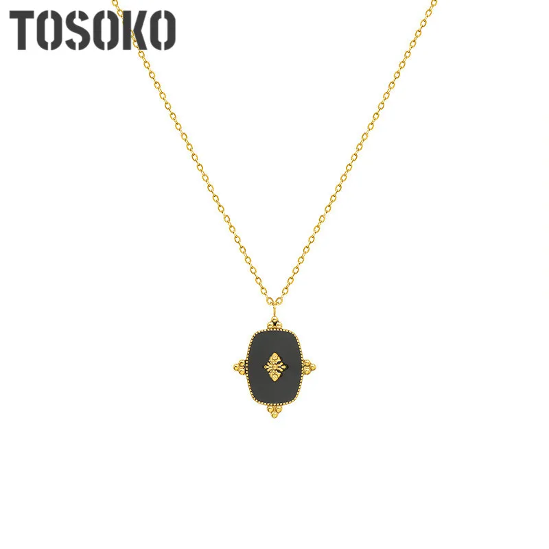 

TOSOKO Stainless Steel Jewelry Retro Oil Dripping Technology Geometric Pendant Necklace Women's Court Style Clavicle Chain P913