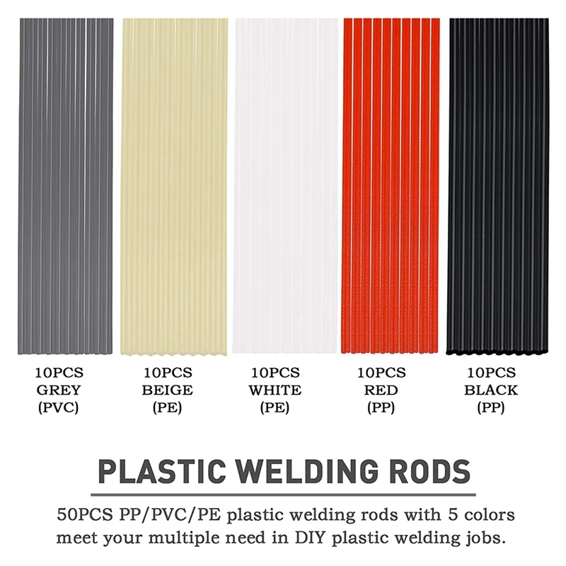 50PCS Plastic Welding Rods - PP/PVC/PE Plastic Welder Rods for Hot Air Tools 10 Inch (Each Color 10PCS)