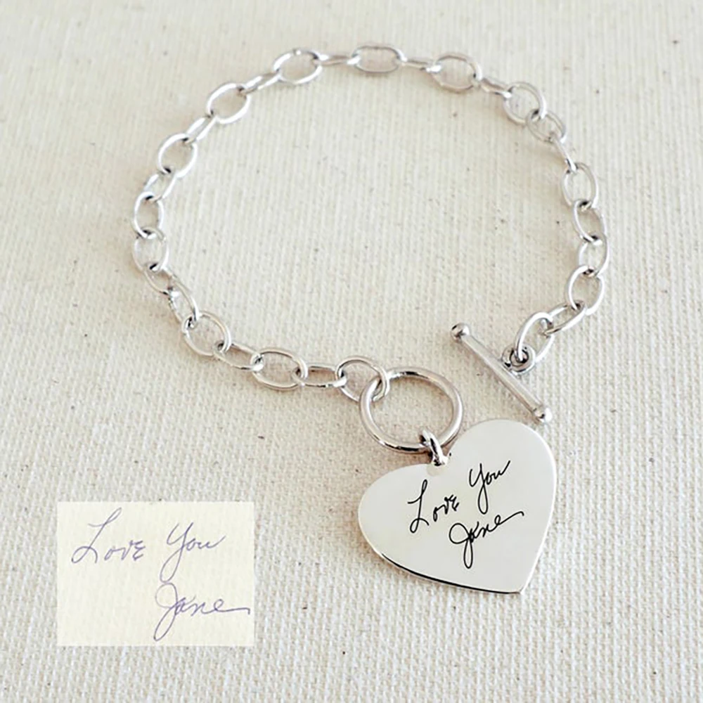 Mini-World Cute Tiny Heart Charm Custom Carved Handwritten Signature Bracelet Stainless Steel Personalized Jewelry Couple Gift