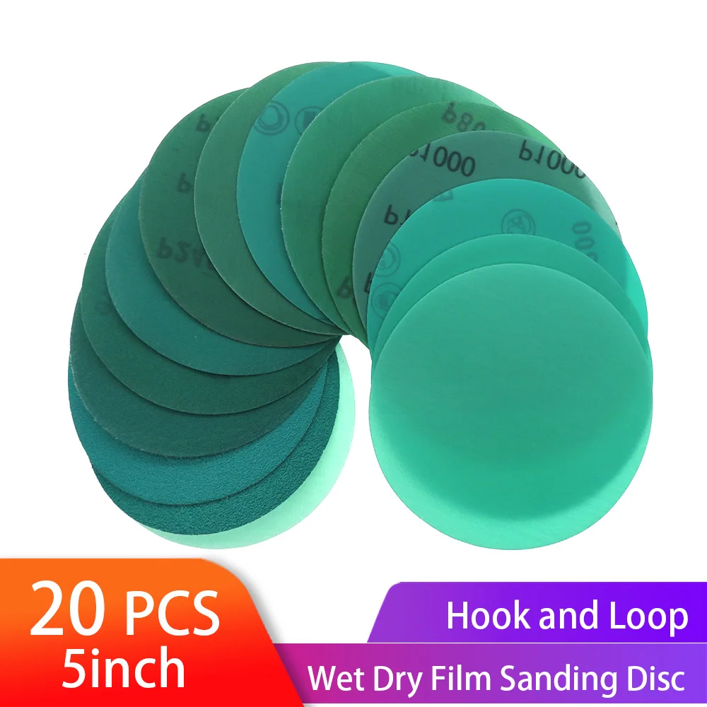 

5 Inch Sanding Discs Wet Dry Polyester Film-Backed Green Line Hook and Loop Sandpaper for Car Paint Wood or Metal Grinding