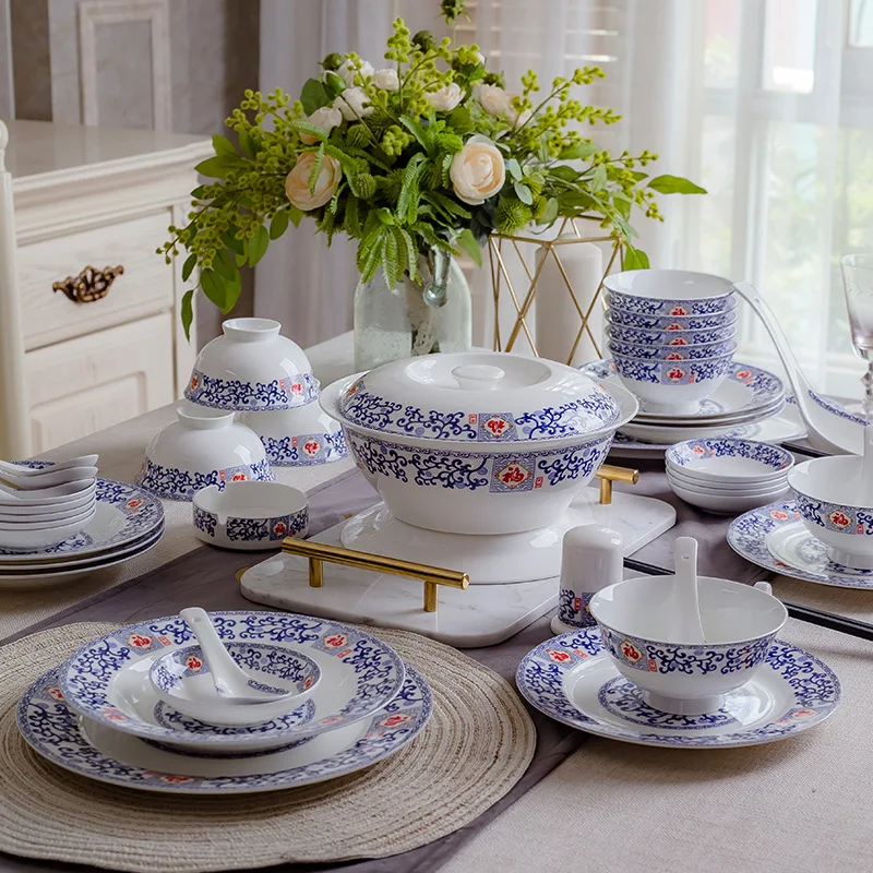 

Bone china dishes and dishes 56 pieces of Jingdezhen tableware Wufu linmen suit mid glaze color gift giving wedding celebration