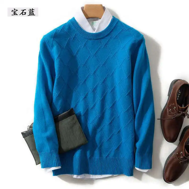 Männer Woolen Pullover Rundhals 35% Wolle Karierten Business Bottom Tops M1