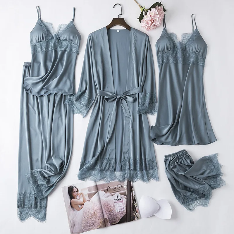 White 5PCS Women Robe Set Sexy Sleepwear Lace Kimono Bathrobe Gown Silky Lingerie Nightwear Lounge Wear Casual Home Clothes