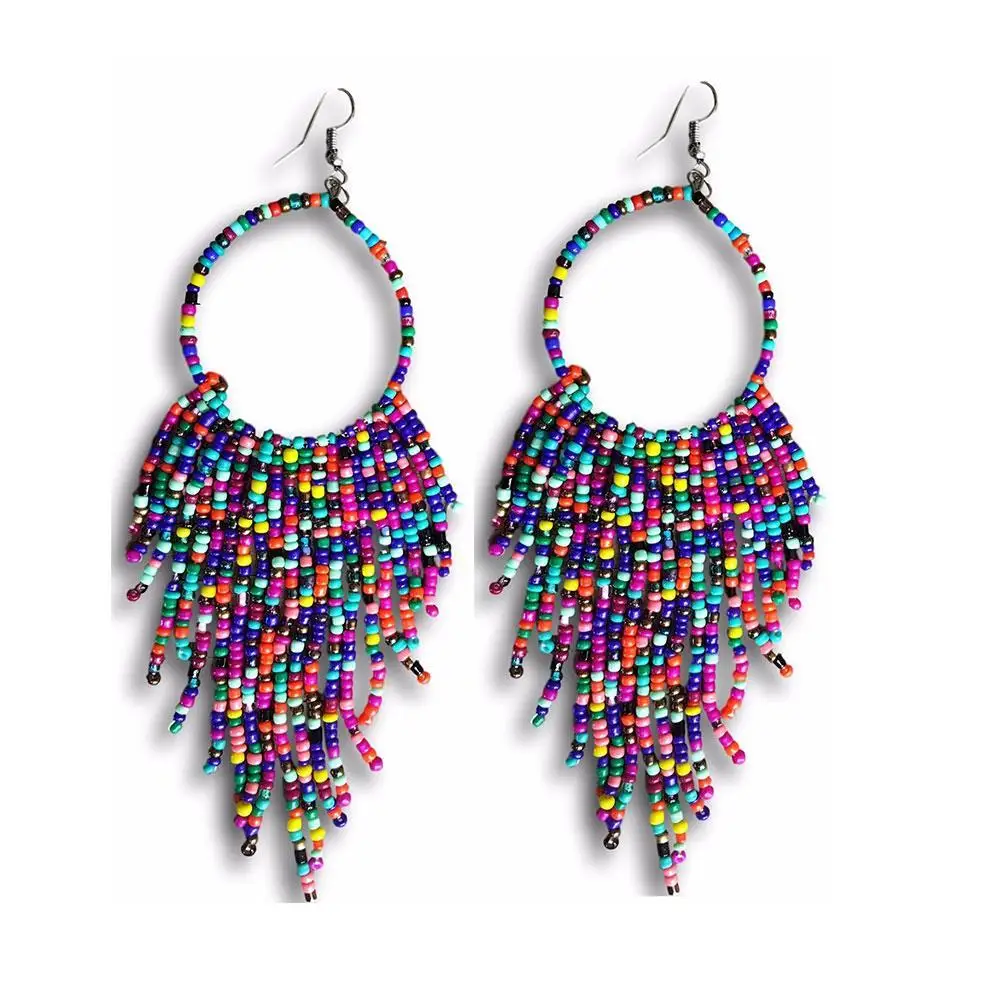 2020 Ladies Fashion Trend New Earrings Temperament Retro Bohemian Ethnic Style Long Rice Bead Tassel Earrings