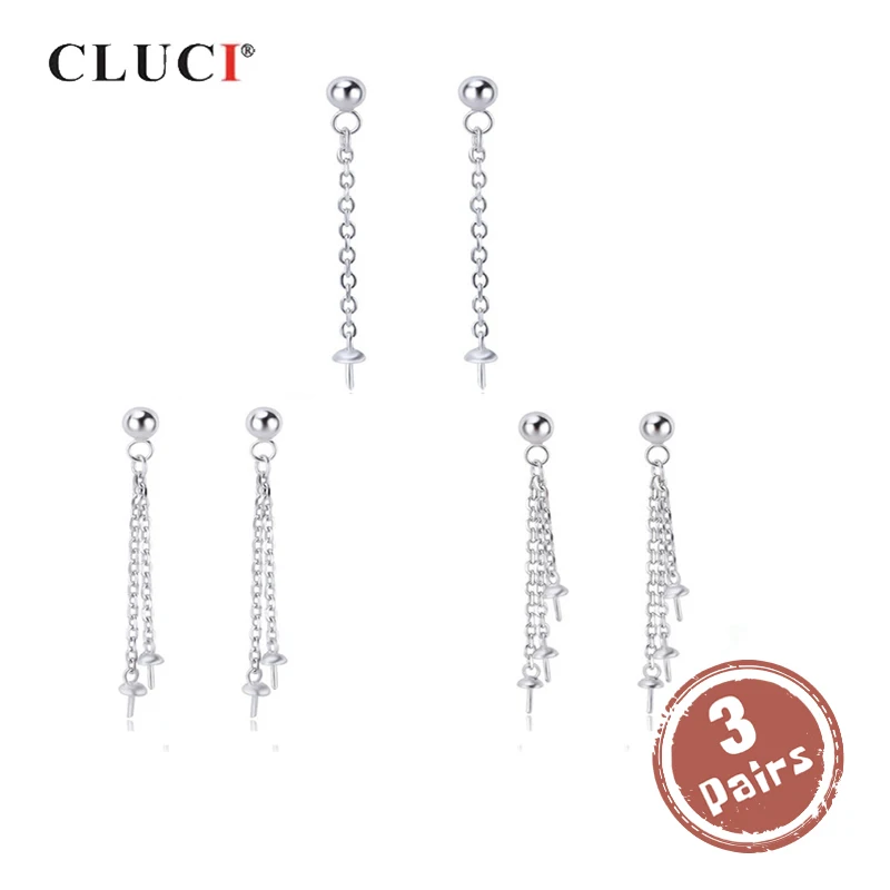 

CLUCI 3 pair Silver 925 Stud Pearl Earring Mounting for Women Sterling Silver Multiple Link Simple Earrings Jewelry SE146SB