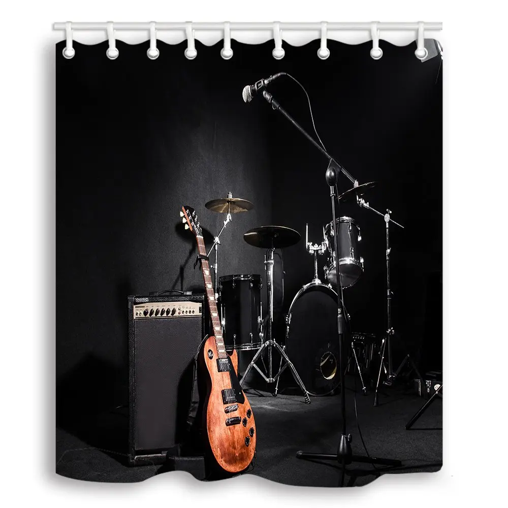 Musical Instruments Guitar with Drum in Black Waterproof Fabric Shower Curtain