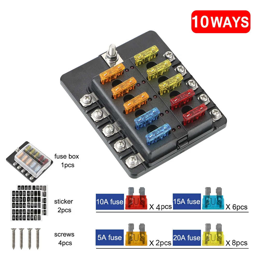 Circuit insurance 8 Ways 10 Ways Blade Fuse Block M5 Stud With LED Indicator Light Fuse Box Holder For Auto Car Marine 32V 100A