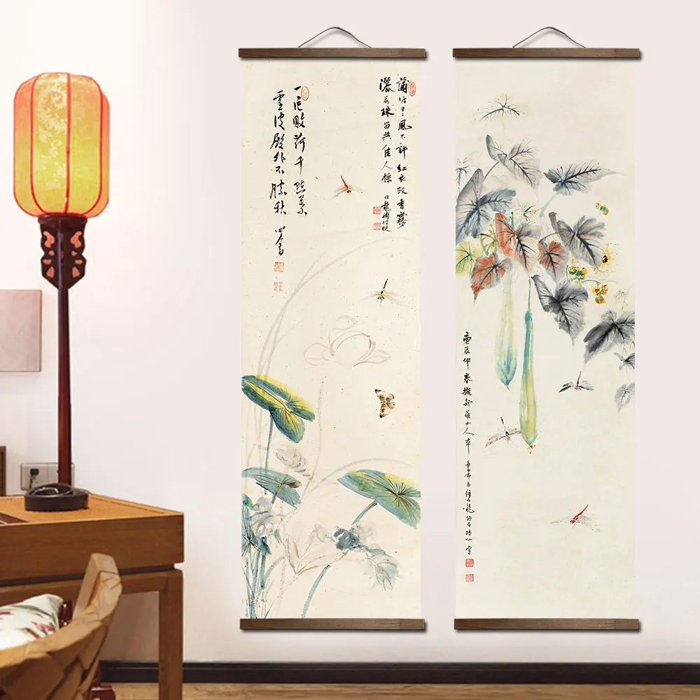 Chinese style flower Green plants canvas decoration painting  bedroom living room wall art solid wood scroll paintings posters